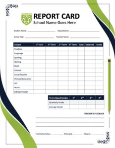Printable student report card template